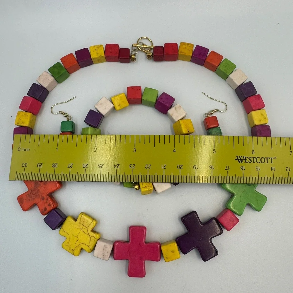 Multicolor Stone Cube Cross‎ Jewelry Set Necklace Bracelet Earrings Boho Rainbow